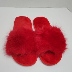 Women's Red Fuzzy Slide Slippers